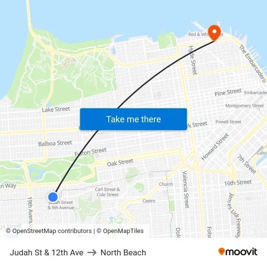Judah St & 12th Ave to North Beach map
