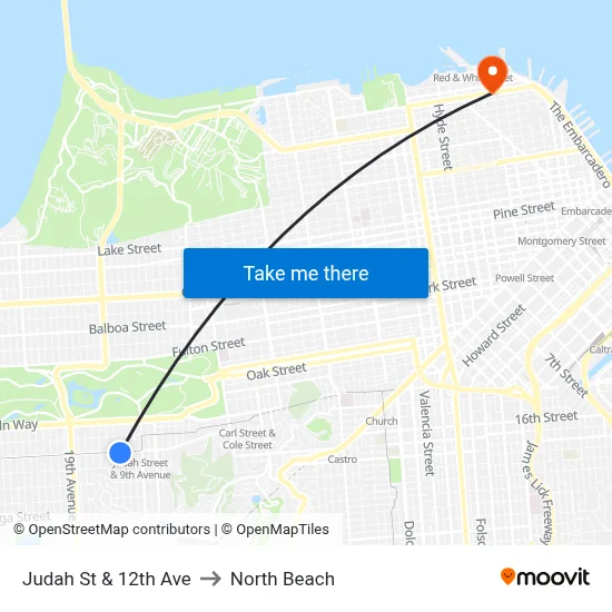 Judah St & 12th Ave to North Beach map