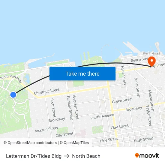 Letterman Dr/Tides Bldg to North Beach map