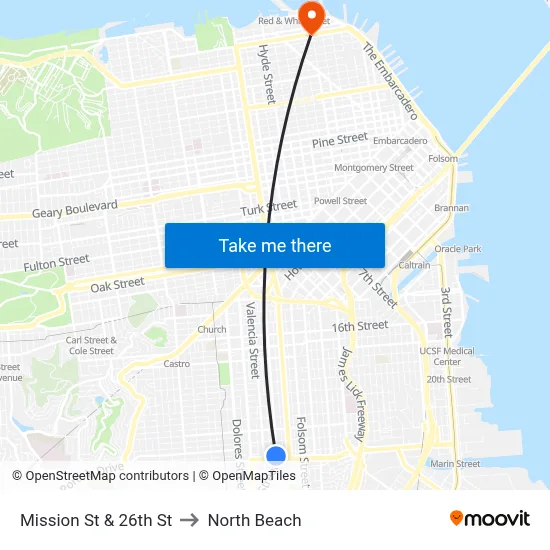 Mission St & 26th St to North Beach map