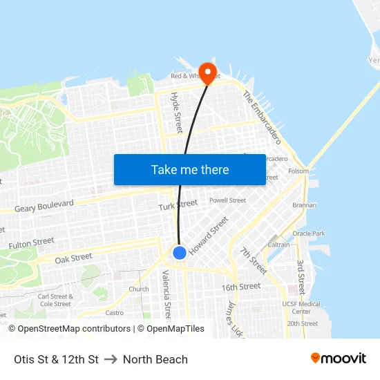 Otis St & 12th St to North Beach map