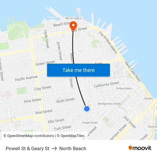 Powell St & Geary St to North Beach map