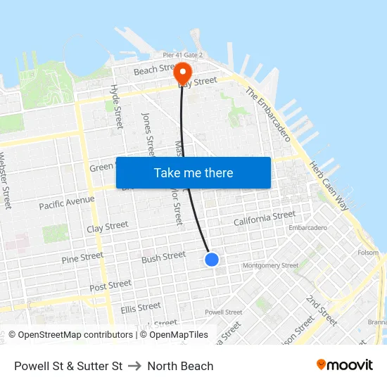 Powell St & Sutter St to North Beach map