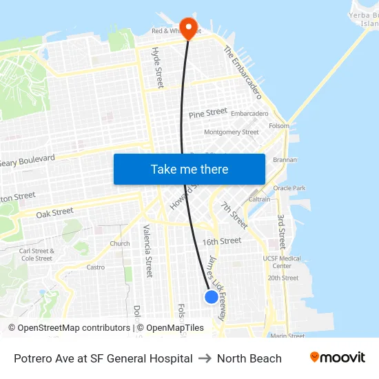 Potrero Ave at SF General Hospital to North Beach map