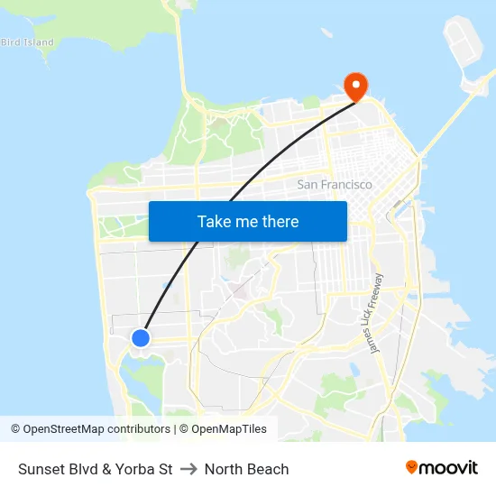 Sunset Blvd & Yorba St to North Beach map