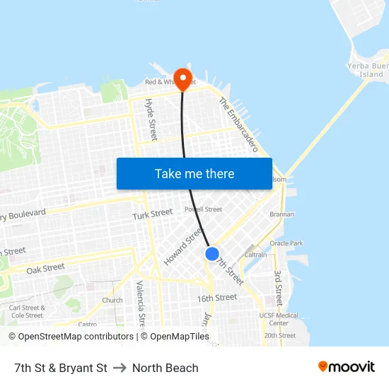 7th St & Bryant St to North Beach map