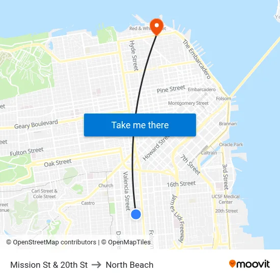 Mission St & 20th St to North Beach map