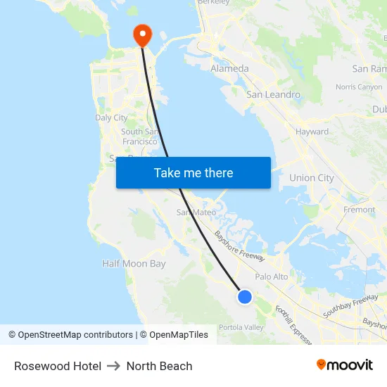 Rosewood Hotel to North Beach map