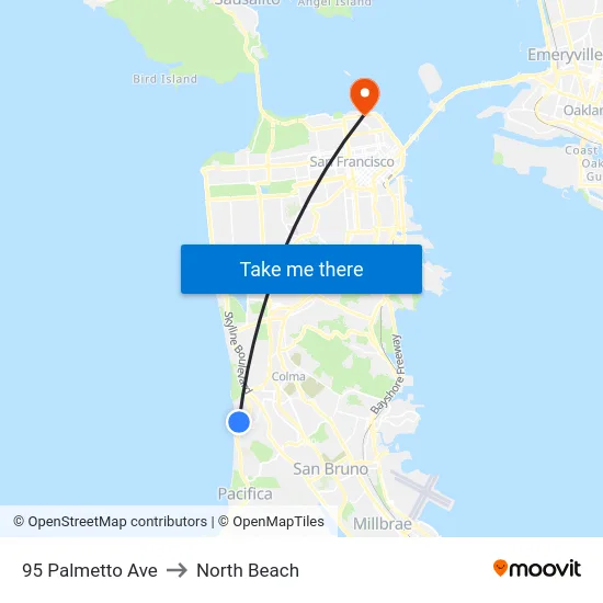 95 Palmetto Ave to North Beach map