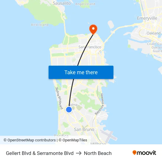 Gellert Blvd & Serramonte Blvd to North Beach map