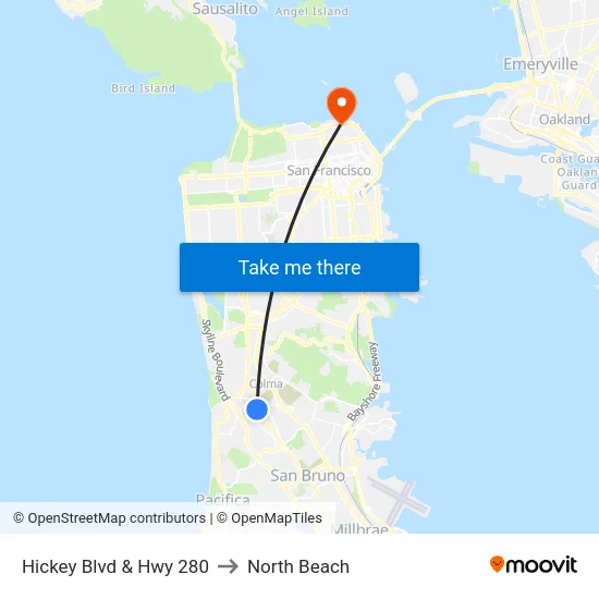 Hickey Blvd & Hwy 280 to North Beach map