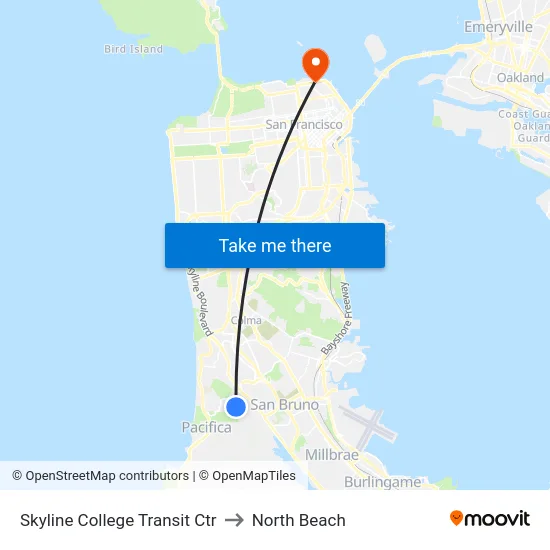 Skyline College Transit Ctr to North Beach map