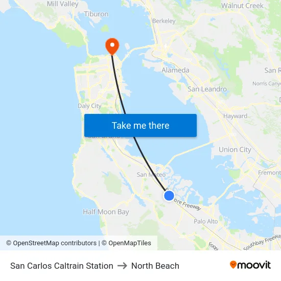 San Carlos Caltrain Station to North Beach map