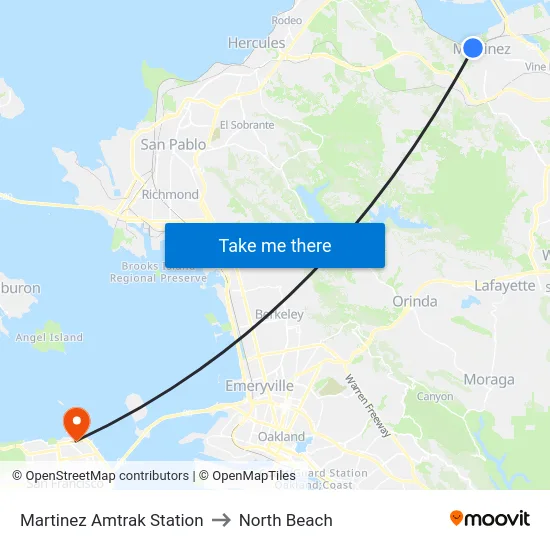 Martinez Amtrak Station to North Beach map