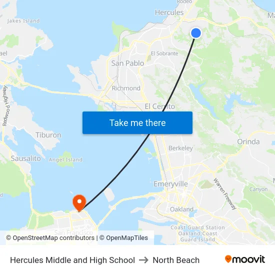 Hercules Middle and High School to North Beach map