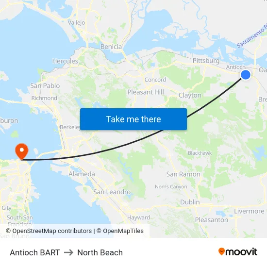 Antioch BART to North Beach map