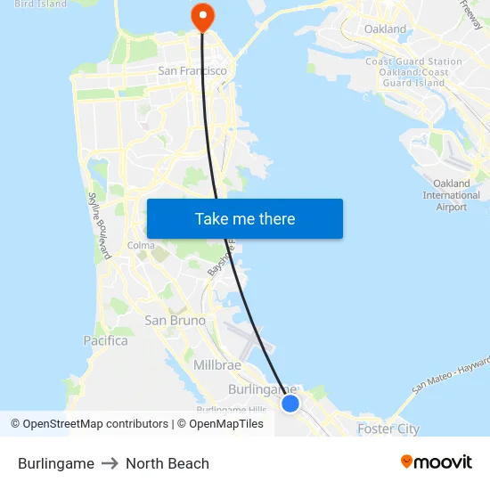 Burlingame to North Beach map