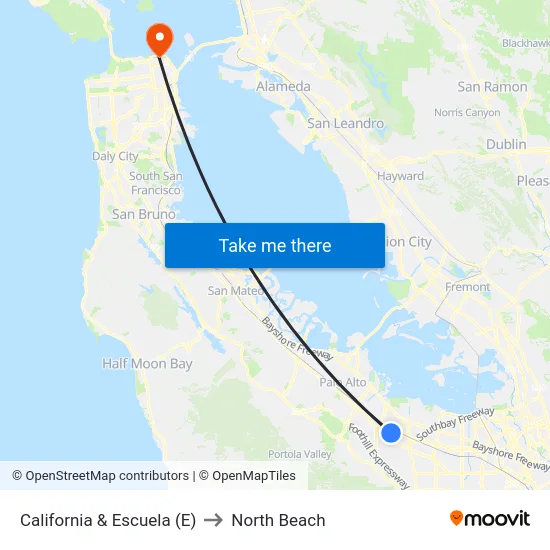 California & Escuela (E) to North Beach map