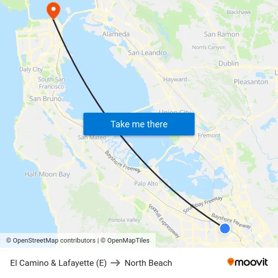 El Camino & Lafayette (E) to North Beach map