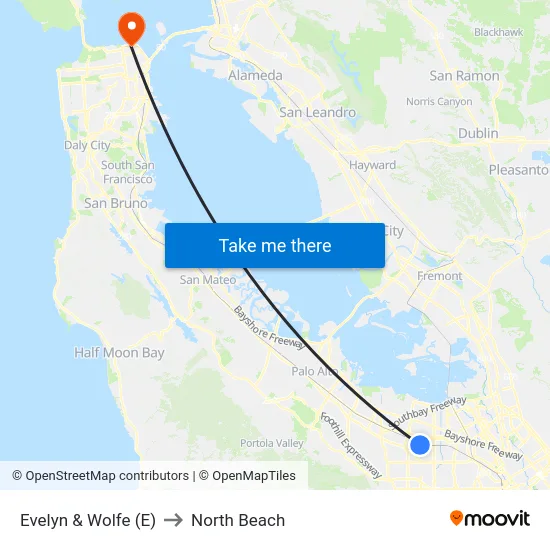 Evelyn & Wolfe (E) to North Beach map