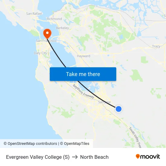 Evergreen Valley College (S) to North Beach map