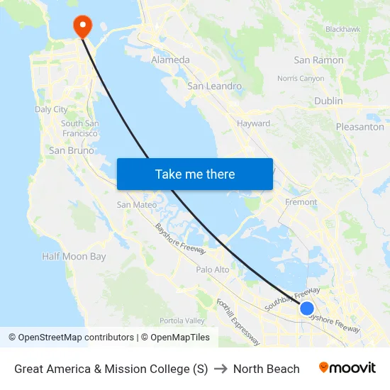 Great America & Mission College (S) to North Beach map