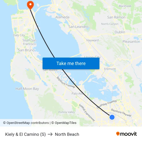 Kiely & El Camino (S) to North Beach map