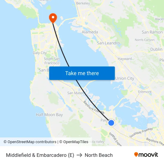 Middlefield & Embarcadero (E) to North Beach map