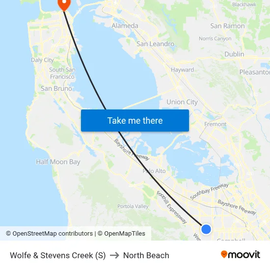 Wolfe & Stevens Creek (S) to North Beach map