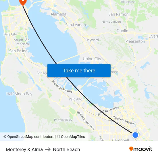 Monterey & Alma to North Beach map