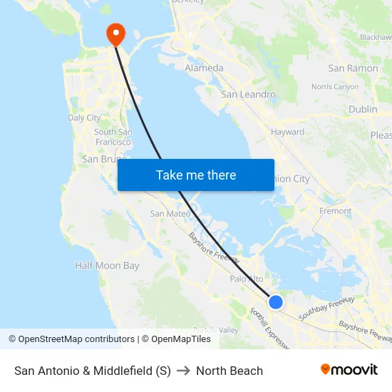 San Antonio & Middlefield (S) to North Beach map