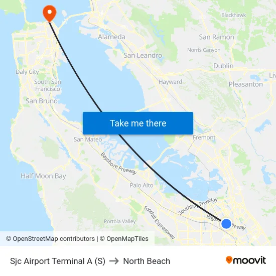 Sjc Airport Terminal A (S) to North Beach map