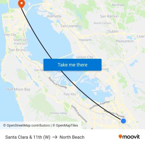 Santa Clara & 11th (W) to North Beach map