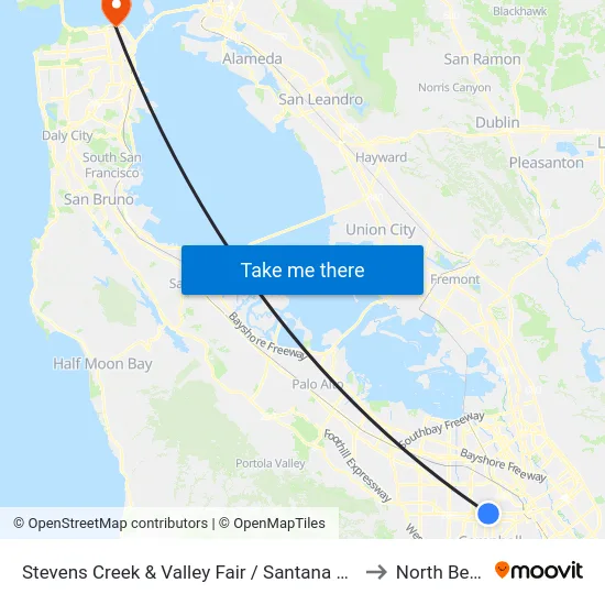 Stevens Creek & Valley Fair / Santana Row (W) to North Beach map