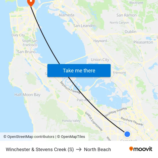 Winchester & Stevens Creek (S) to North Beach map