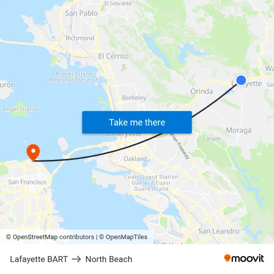 Lafayette BART to North Beach map