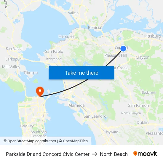 Parkside Dr and Concord Civic Center to North Beach map