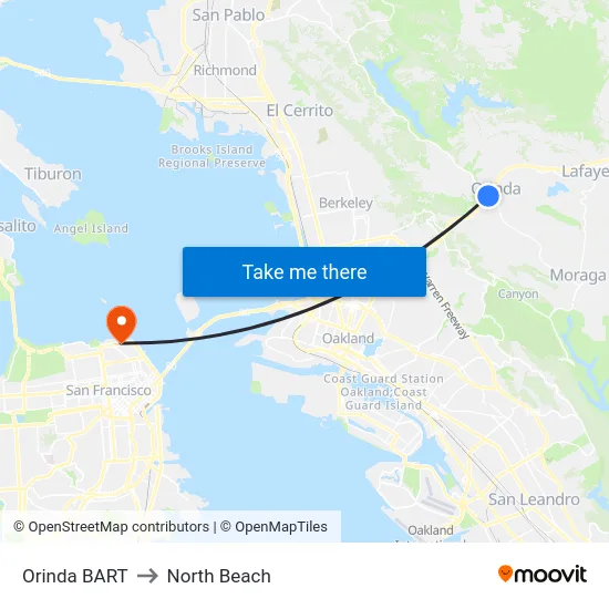 Orinda BART to North Beach map