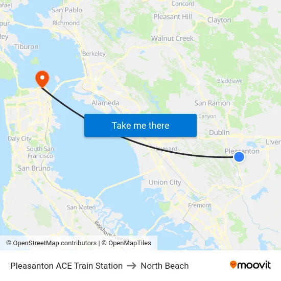 Pleasanton ACE Train Station to North Beach map