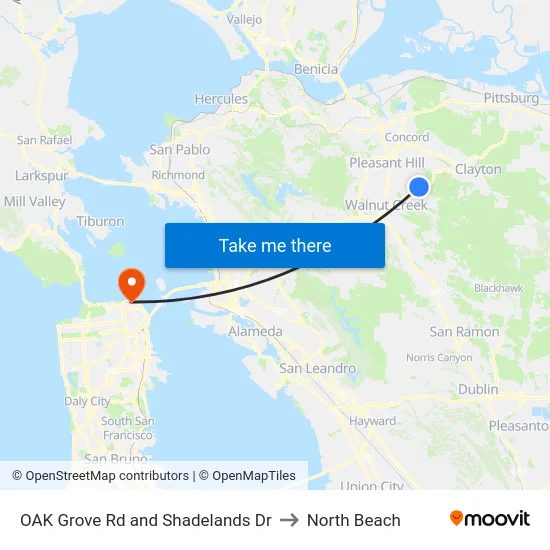 OAK Grove Rd and Shadelands Dr to North Beach map