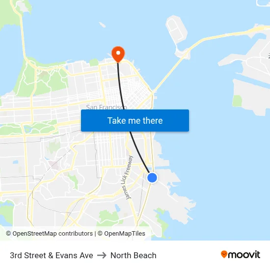 3rd Street & Evans Ave to North Beach map