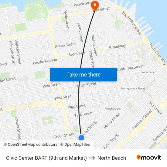 Civic Center BART (9th and Market) to North Beach map