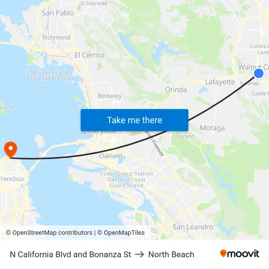 N California Blvd and Bonanza St to North Beach map