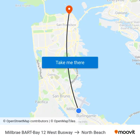 Millbrae BART-Bay 12 West Busway to North Beach map