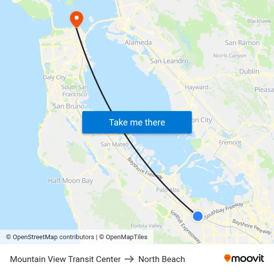 Mountain View Transit Center to North Beach map