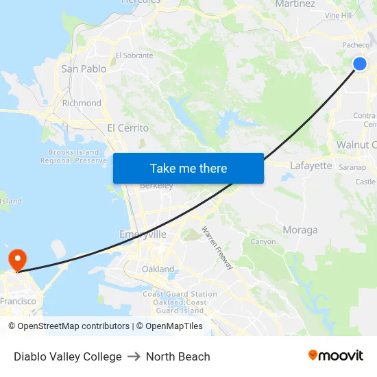 Diablo Valley College to North Beach map