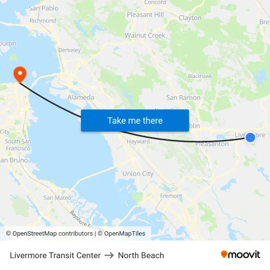Livermore Transit Center to North Beach map