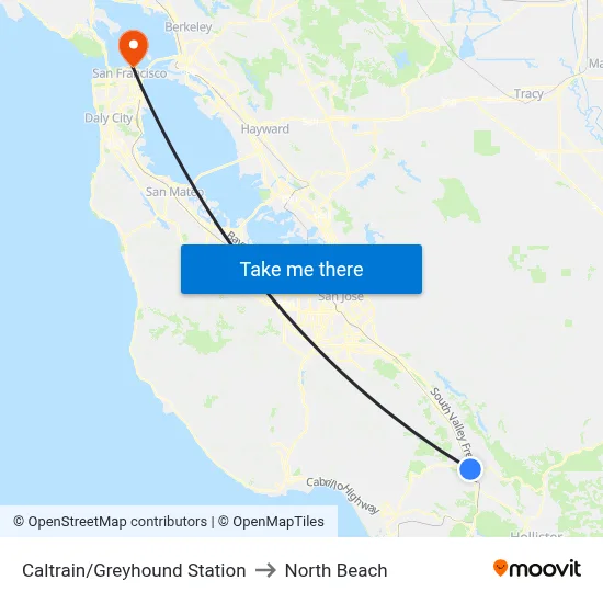 Caltrain/Greyhound Station to North Beach map
