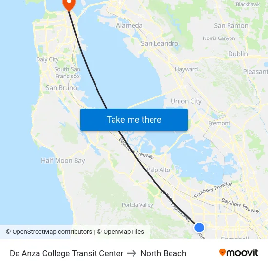 De Anza College Transit Center to North Beach map