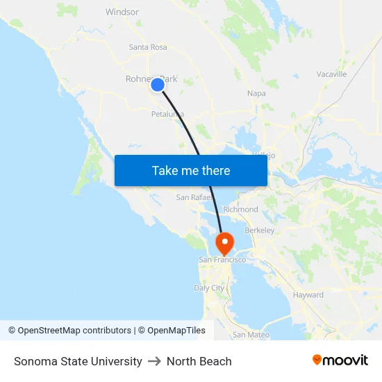 Sonoma State University to North Beach map